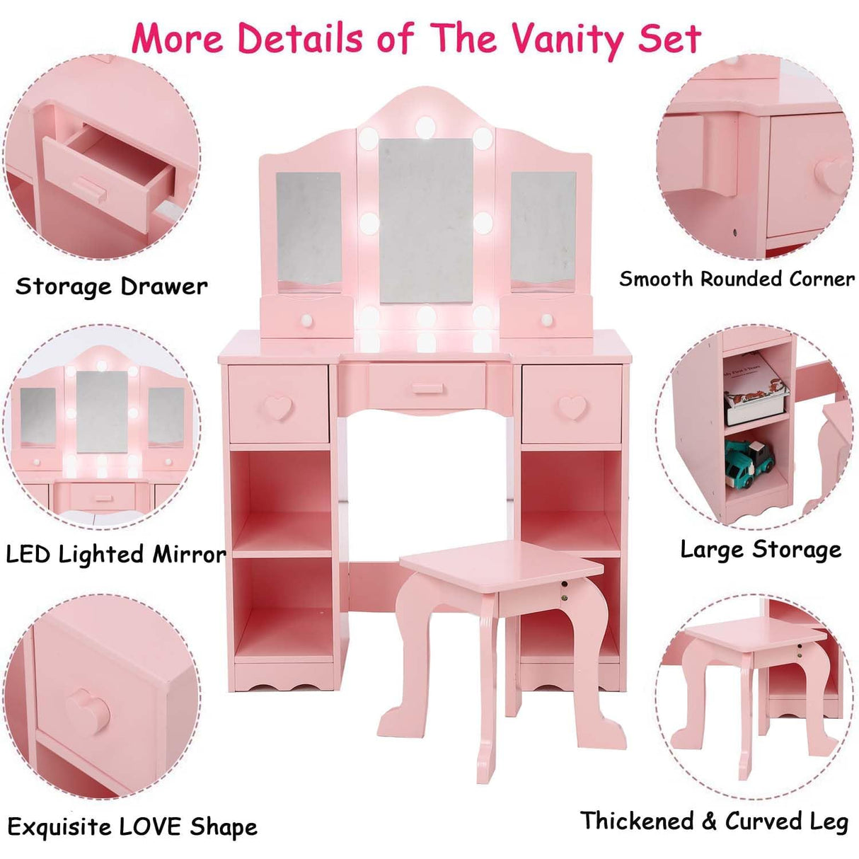 GIMMYFIVE Kids Vanity Table, Girls Vanity with Tri-Folding Mirror, Drawer,Open Storage Shelves, Makeup Playset with Chair, Princess Vanity Table for Toddlers(Pink) GIMMYFIVE
