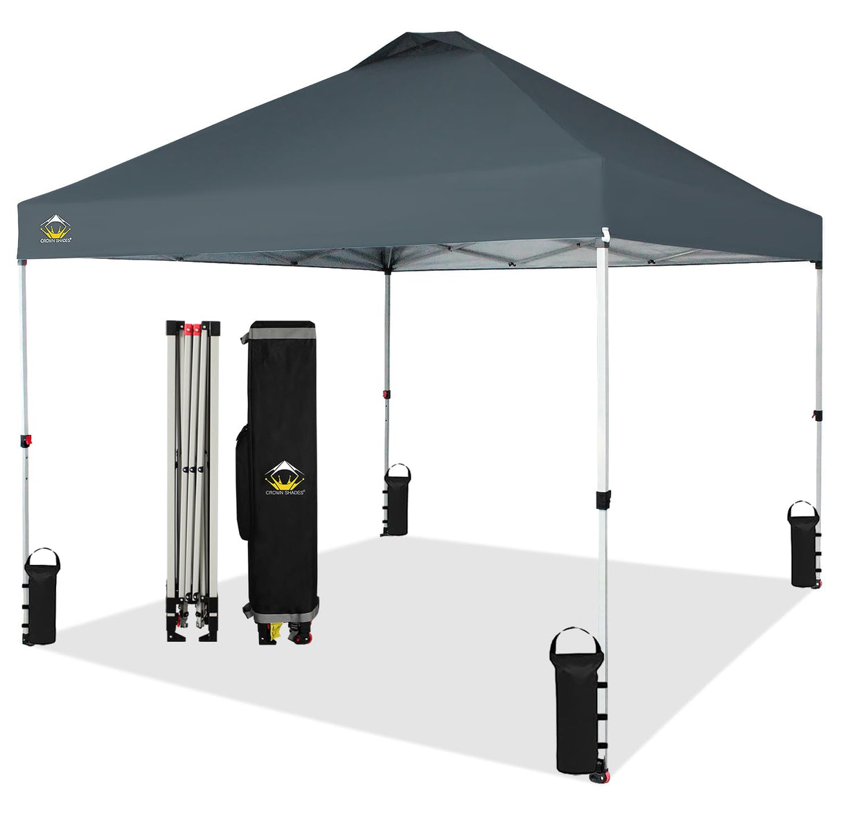 CROWN SHADES 10x10 Pop Up Canopy - Beach Tent with One Push Setup - Easy Outdoor Sun Shade Shelter for Events, Parties - Gazebo with STO-N-Go Cover Bag, Silver Coated Top, Grid Grey CROWN SHADES