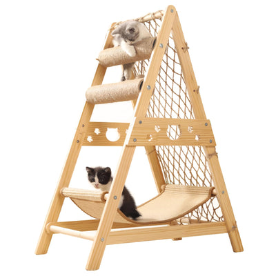 emopaw 34'' H Wooden Cat Tree, Triangle Design with Cat Hammock & Sisal Scratch Post & Feather Toys, Solid Wood Cat Tower for Kitten or Small Cat