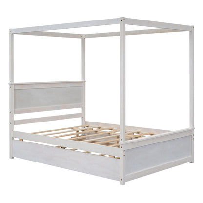 Full Size Canopy Bed with Trundle and 2 Storage Drawers, 4-Post Wood Full Platform Bed Frame with Headboard, No Box Spring Needed (Full, Brushed White)