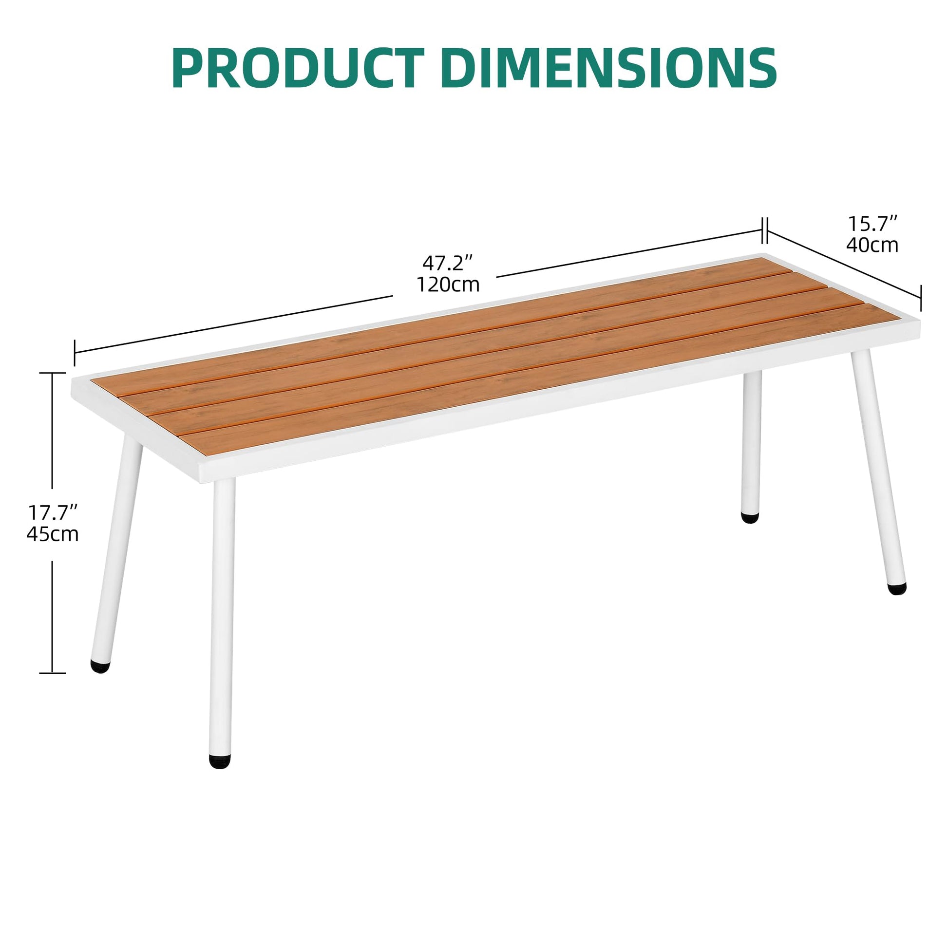 YITAHOME Outdoor Faux Wood Bench, Weatherproof Patio Bench with Slatted for 3, Backless Seat and Metal Frame, Outside Dining Bench for Garden, Porch, 47.2 x 15.7 x 17.7 Inch - Teak & White - WoodArtSupply