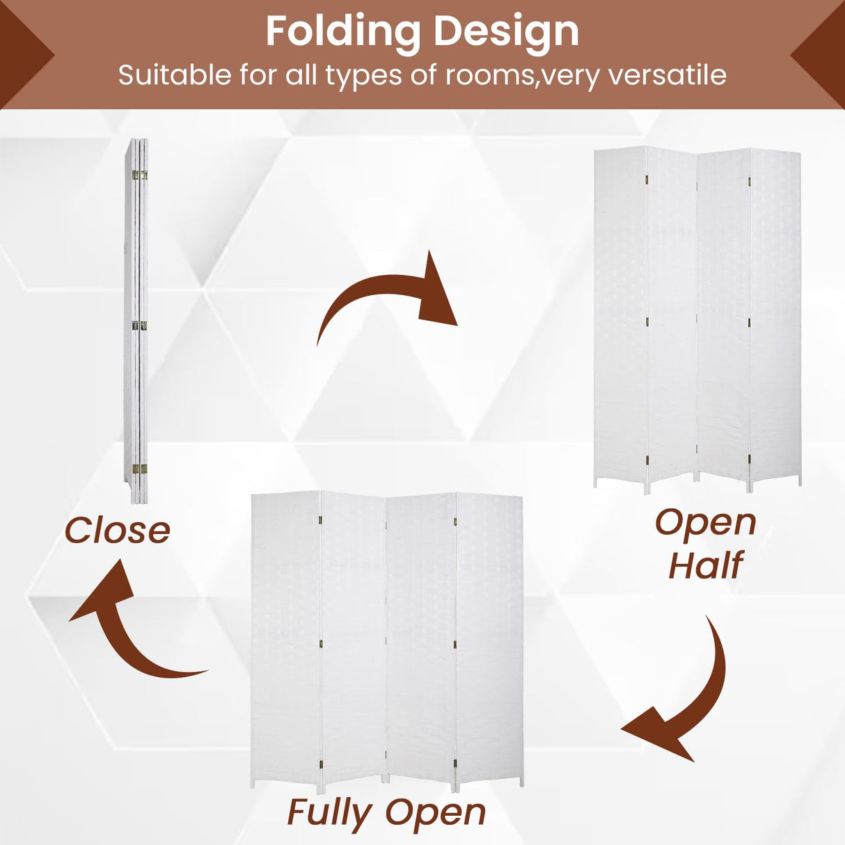 Room Divider Wall Divider 6FT 4 Panels Wood Mesh Hand-Woven Indoor Room Screen Folding Portable Partition Screen, White Dopinmin