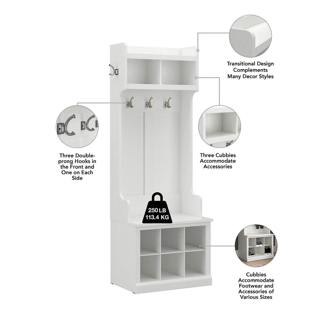 Bush Furniture Woodland Full Entryway Storage Set with Coat Rack and Shoe Bench with Doors | Mudroom Organizer for Footwear, Clothing, White Ash Bush Business Furniture