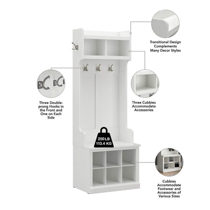 Bush Furniture Woodland Full Entryway Storage Set with Coat Rack and Shoe Bench with Doors | Mudroom Organizer for Footwear, Clothing, White Ash - WoodArtSupply