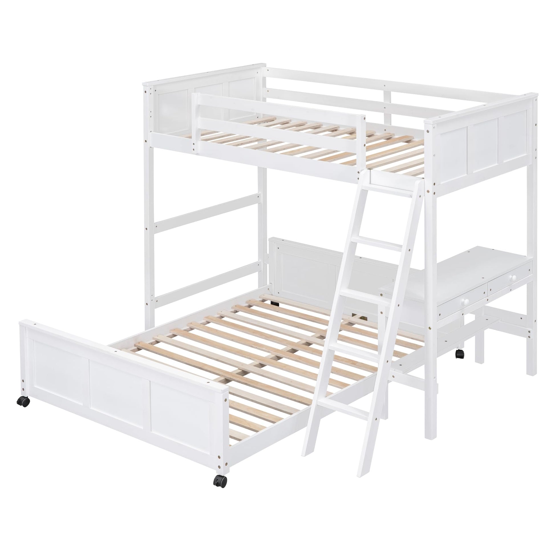 Bellemave Twin Over Full Bunk Bed with Desk and Movable Underbed in White - WoodArtSupply