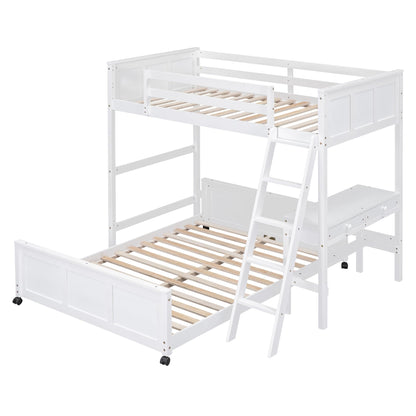 Bellemave Twin Over Full Bunk Bed with Desk and Movable Underbed in White - WoodArtSupply