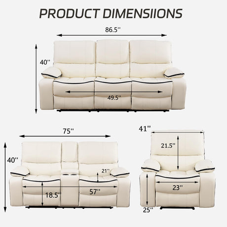 Ocstta Leather Recliner Sofa Set, Leather Couch Set for Living Room, Living Room Furniture Set with Storage Console & Cup Holder for Living Room/Office (Recliner Couch Set) Creamy White Ocstta