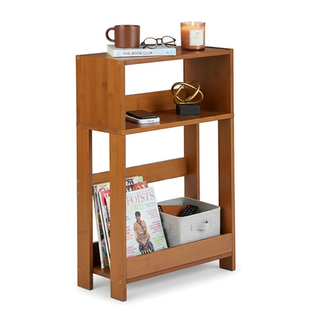 ZEXVIDA Narrow Side Table, 7 Inch Slim Bamboo Nightstand with 3-Tier Storage & Built-in Bookshelf, Small Space-Saving End Table for Living Room, Bedroom, Couch ZEXVIDA