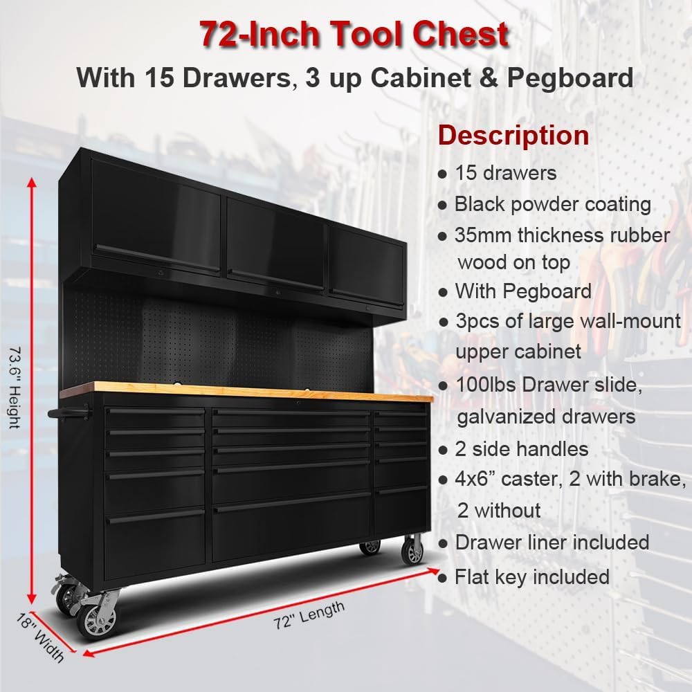 72'' Stainless Steel Rolling Tool Chest with 15 Drawers + 3 Upper Cabinets, Large Tool Box, Matte Black Mobile Workbench, Lockable Storage Cabinet with Wheels for Garage Workshop (1 × HTC7218PC) UYRIE