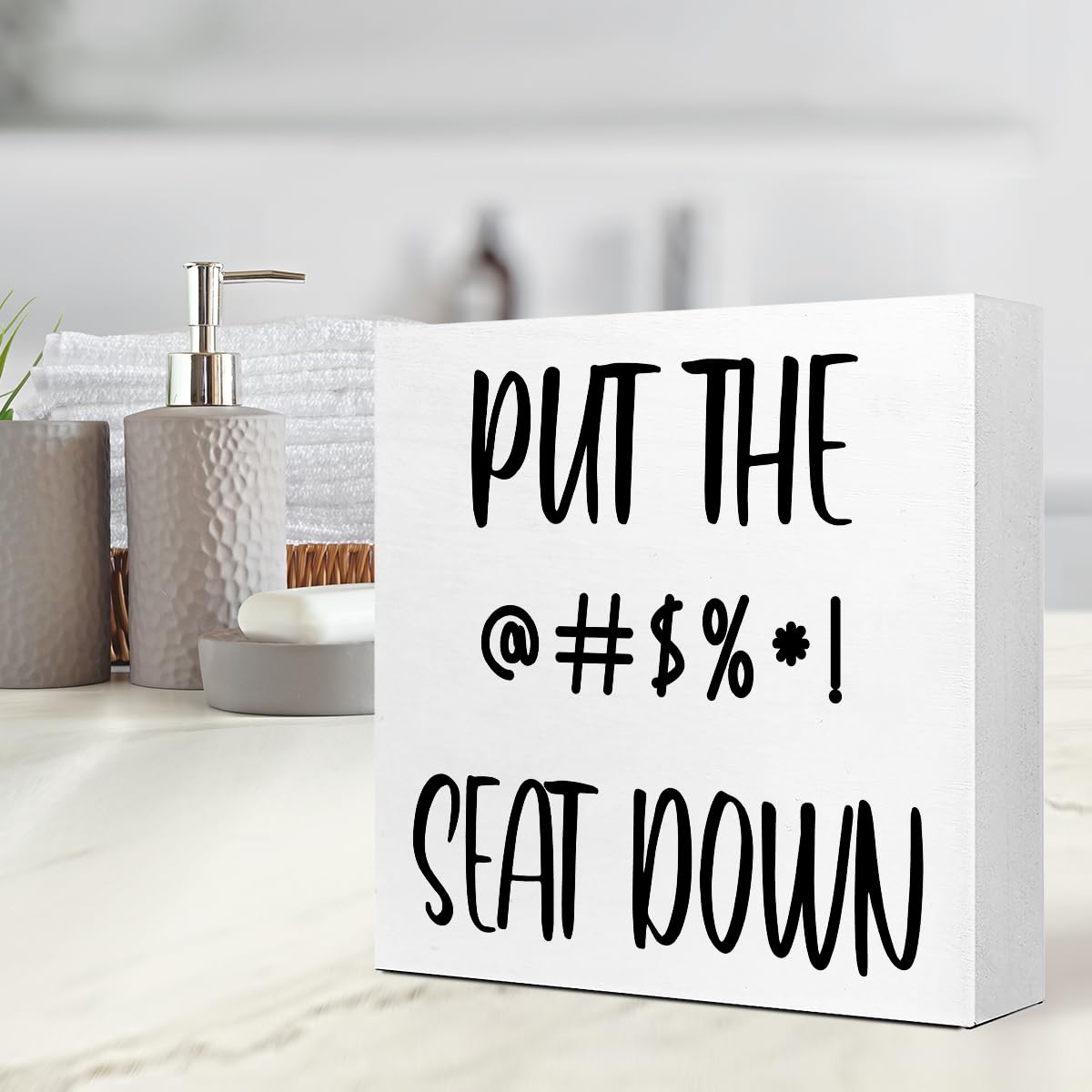 Funny Barthroom Wood Block Signs,Put the Seat Down Wooden Box Sign for Barthroom Shelf Toilet Tabletop Desk Decor,Humorous Barthroom Toilet Lid Reminder Sign Decor V563