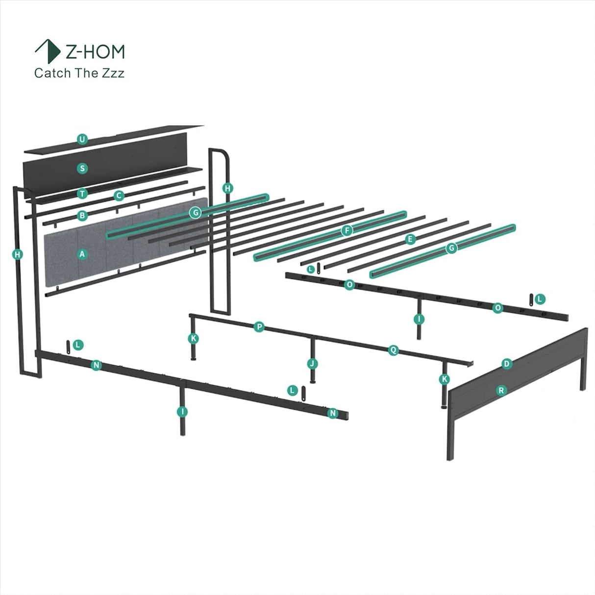 Z-hom Twin Metal Bed Frame with LED Headboard, Charging Ports & Storage Shelves - Grey Z-hom