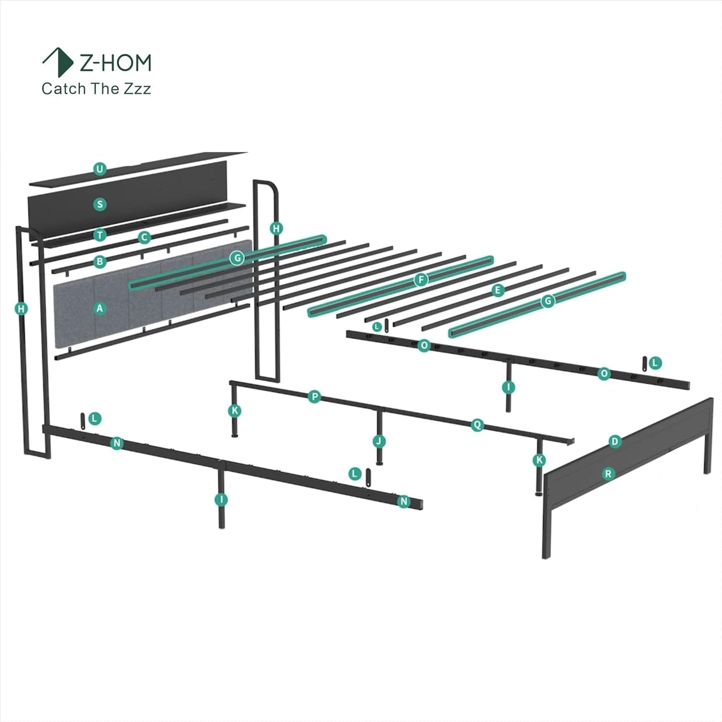 Z-hom Twin Metal Bed Frame with LED Headboard, Charging Ports & Storage Shelves - Grey - WoodArtSupply