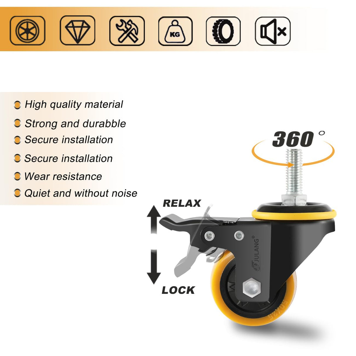 JULANG 2 inch Locking Caster Wheels，3/8'' Stem Castors (3/8" -16 x 1)，Threaded Stem Casters，Swivel Casters Set of 4 Heavy Duty for Furniture,Carts,Clothes Racks,Cafeteria Mobile Shelves. Julang