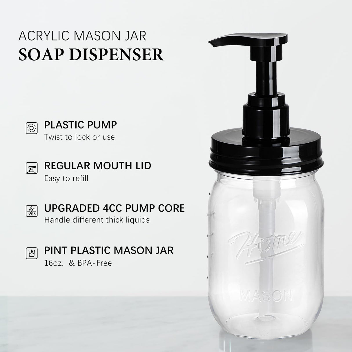 Amolliar Plastic Mason Jar Soap Dispenser with Pump Lid,16OZ Refillable BPA-Free Hand Soap Dispenser Set with Cute Lables - Farmhouse Decor for Kitchen/Bathroom,Liquid Soap,Dish Soap, Lotion (2 Pack) Amolliar