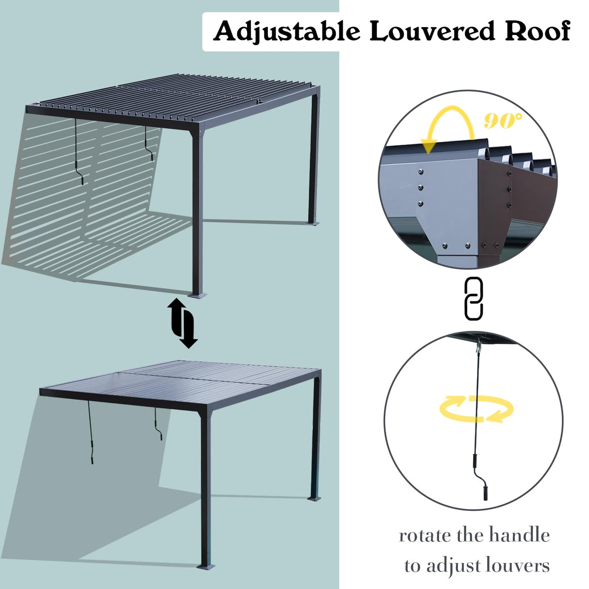 BPS 13 x 10 ft. Outdoor Aluminum Wall Mounted Louvered Pergola Waterproof Gazebo Sun Shade Shelter with 2 Adjustable Rainproof Panels for Patio, Garden, Backyard Lawn & Garden - Dark Gray BPS