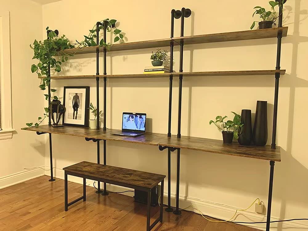 ZIOTHUM Wall Mount Desk, Ladder Desk, Shelf Desk, Industrial Desk, Wall Table, Computer Laptop Desk with Shelves, Industrial Bookcase Desk Wall Mount Floating Pipe Table with Storage (36x20x81)