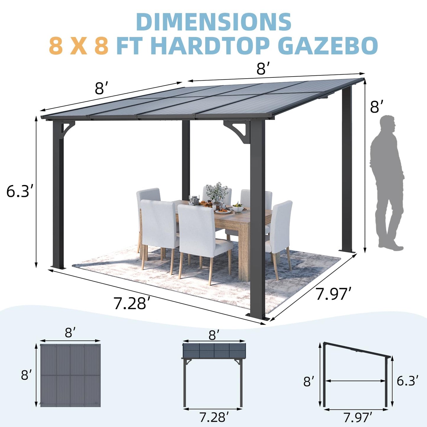 AECOJOY 8' x 8' Gazebo for Patio, Small Wall-Mounted Lean to Gazebo Pergola with Roof (64 Sq.Ft Shaded) on Clearance, Hard Top Heavy Duty Awnings for Decks, Backyard and More