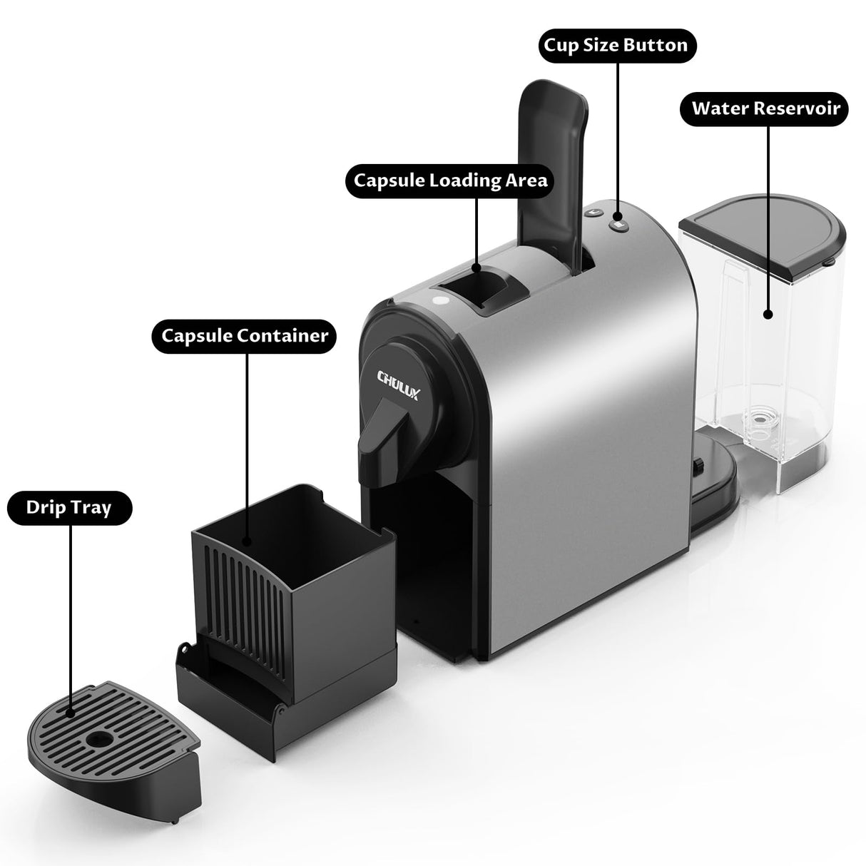 CHULUX Bafè-Pro Espresso Machine, Mini Espresso Machine for Nespresso Original Capsules, Single Serve Coffee Machine for Home Espresso & Lungo Maker, Italian ODE 20 Bar Pump, Metallic Gray CHULUX