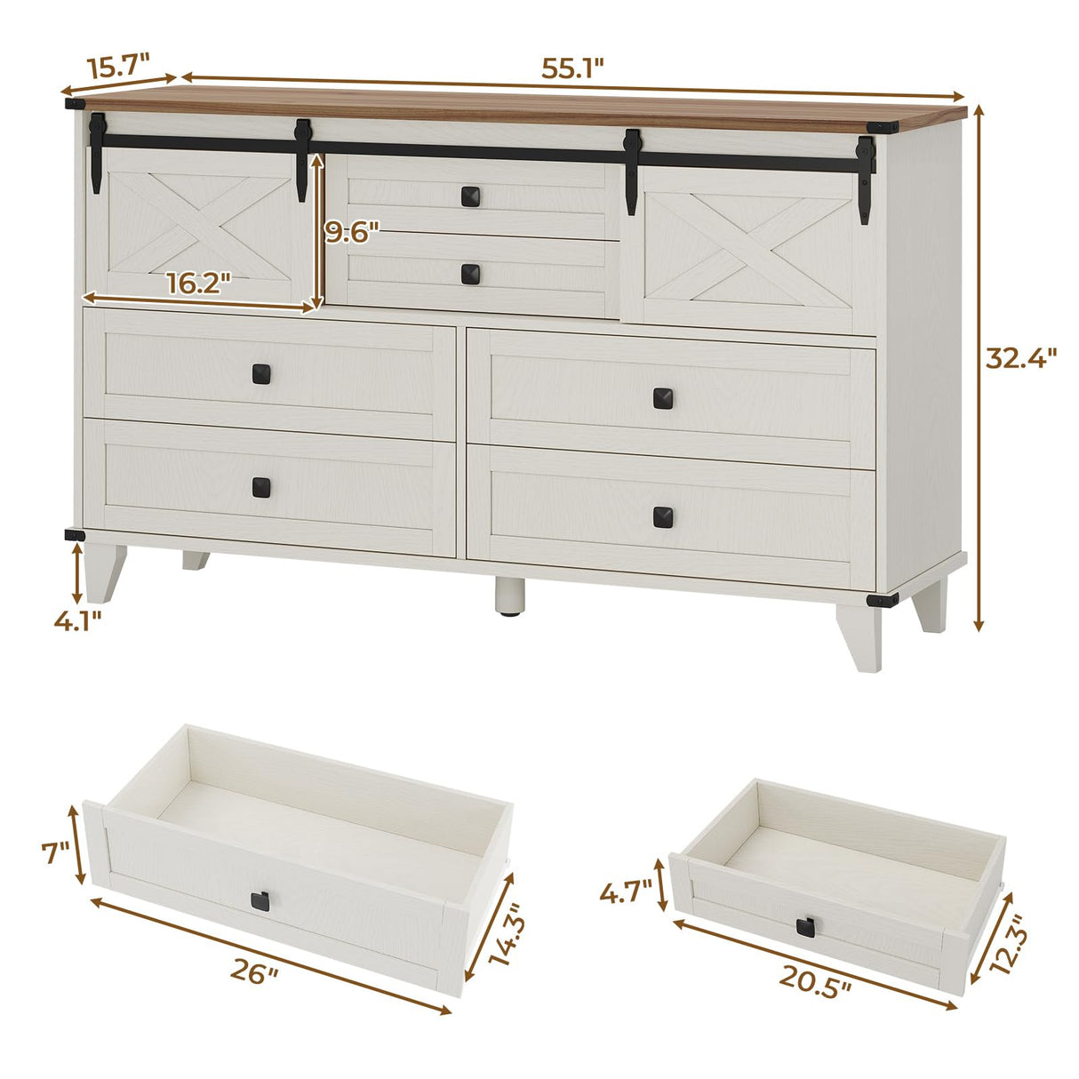Hasuit Farmhouse 6 Drawers Dresser for Bedroom, Retro Chest of Drawers with Sliding Barn Door, Bedroom Long Storage Dressers Organizer, White Hasuit