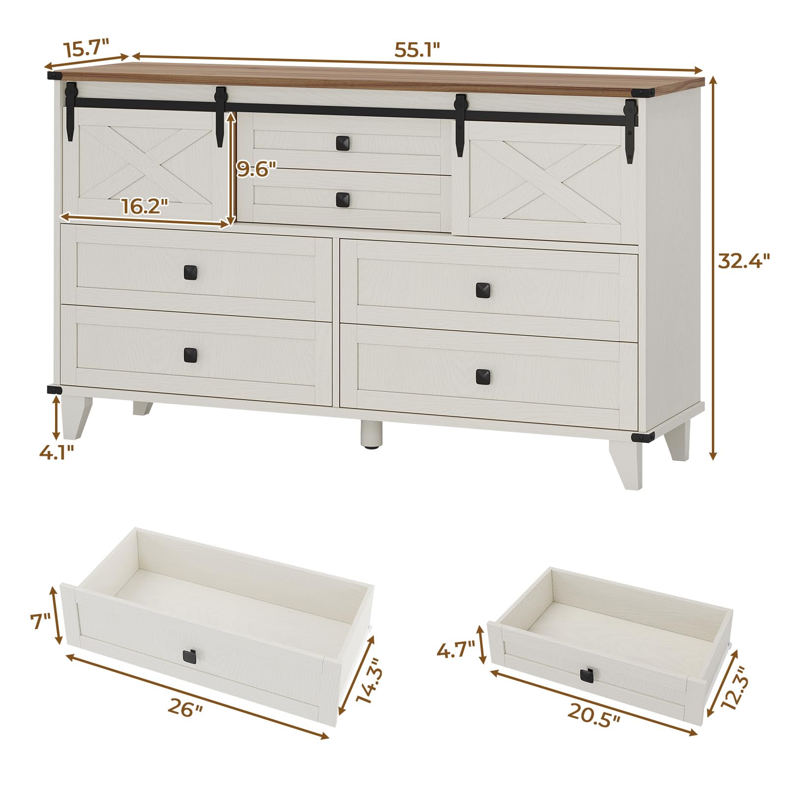 Hasuit Farmhouse 6 Drawers Dresser for Bedroom, Retro Chest of Drawers with Sliding Barn Door, Bedroom Long Storage Dressers Organizer, White - WoodArtSupply