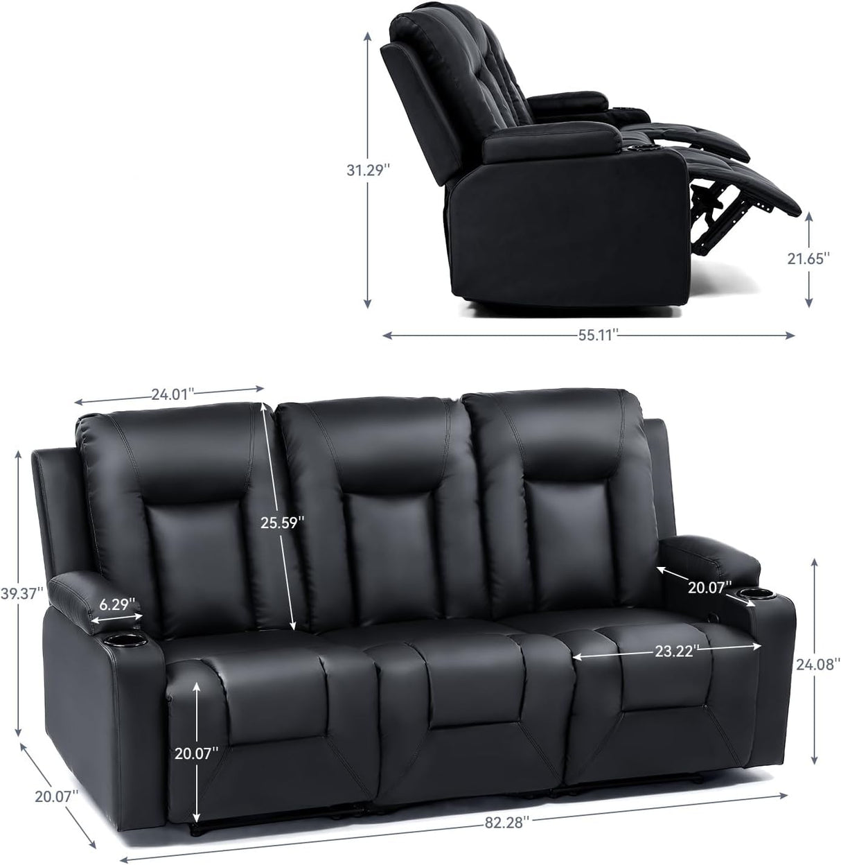 LUCKLIFE Leather Recliner Sofa Set with Manual Recliners,Living Room Furniture Set with Reclining Couch,Loveseat and Armchair,Living Room Chair with Cup Holders,Black (3+2) LUCKLIFE