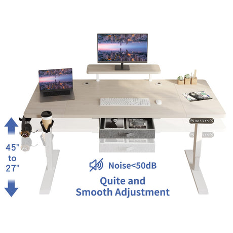 HEONAM Electric Standing Desk with Drawer, 63x30 Inches Height Adjustable Sit Stand Up Desk with Storage Shelf, Home Office Desk Computer Workstation with White Pearwood Top/White Frame HEONAM