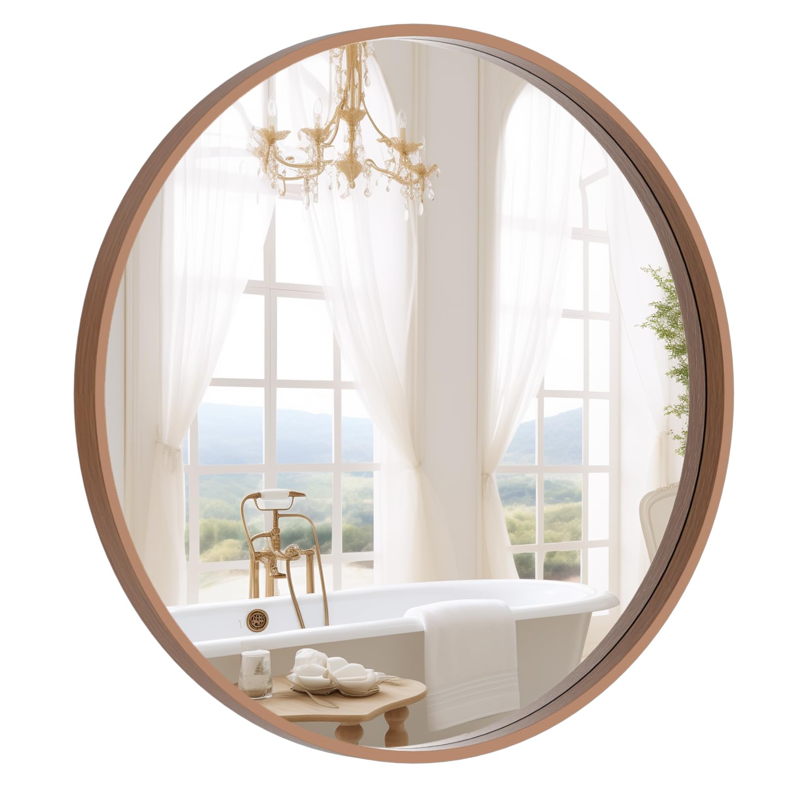 WallBeyond Round Mirror with Wood Frame 24 inch Circle Wall Mirror for Bathroom Round Wall Mirror for Wall Decor, Vanity, Entryway Living Room (Walnut) - WoodArtSupply