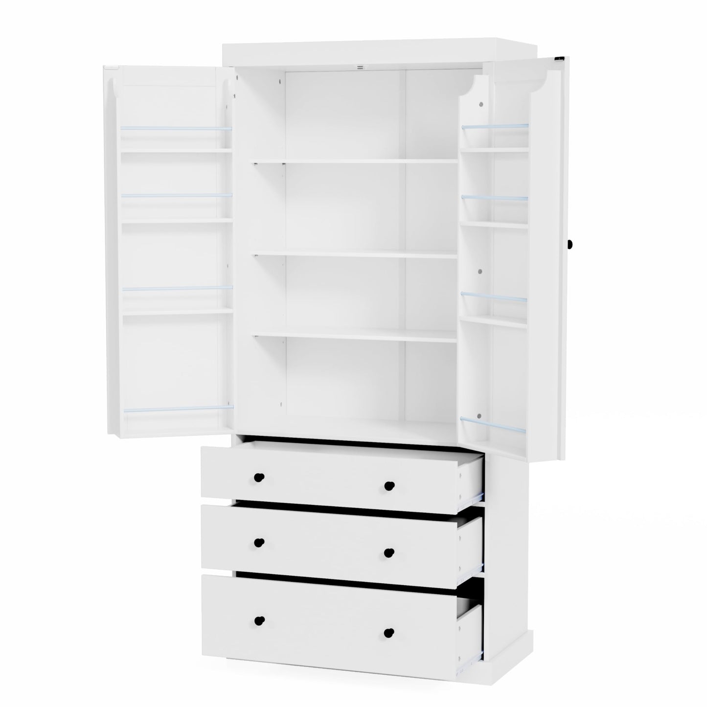 77inch Farmhouse Kitchen Pantry, Wood Storage Cabinet With 3 Adjustable Shelves, Freestanding Tall Cupboard Storage Cabinet With 8 Door Shelves And 3 Drawers For Kitchen, Dining Room (White-CR)