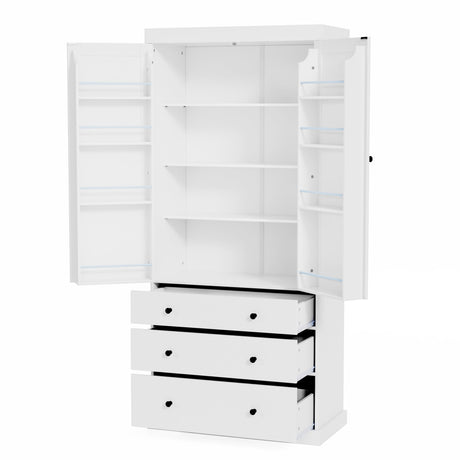 77inch Farmhouse Kitchen Pantry, Wood Storage Cabinet With 3 Adjustable Shelves, Freestanding Tall Cupboard Storage Cabinet With 8 Door Shelves And 3 Drawers For Kitchen, Dining Room (White-CR) Tdewlye