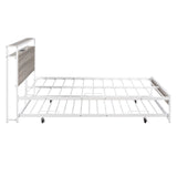 Full Bed Frame with Trundle and Outlet & USB Ports Metal Platform Bed with Wooden Storage Headboard, Full Size Metal Panel Bed with with Shelf, Noise-Free, No Box Spring Needed, White Bellemave
