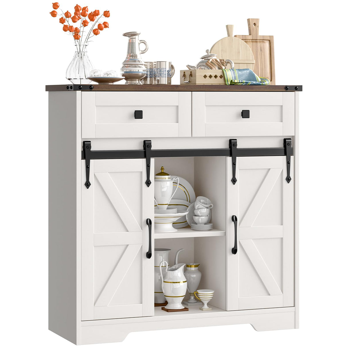 Befrases Farmhouse Storage Cabinet, Bathroom Cabinet with 2 Sliding Barn Doors, Floor Storage Cabinets with Adjustable Shelves and 2 Drawers for Kitchen, Living Room, Dining Room, White Befrases