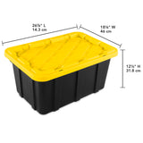 Sterilite 17 Gal Industrial Tote, Stackable Storage Bin with Snap-Fit Lid for Garage, Basement & Attic Storage, Black Base and Yellow Lily Lid, 6-Pack Sterilite