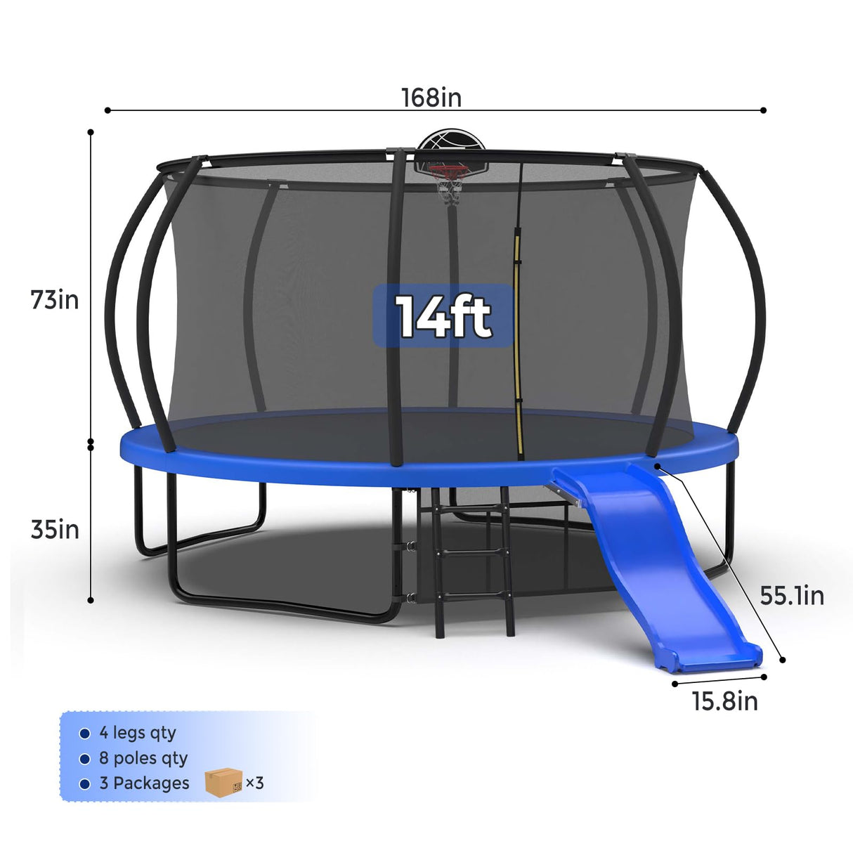 Lyromix Trampoline Outdoor with Slide, 14FT Outdoor Trampoline with Basketball Hoop, Recreational Trampolines with Enclosure Net & Ladder for Kids and Adults, Acid Blue Lyromix