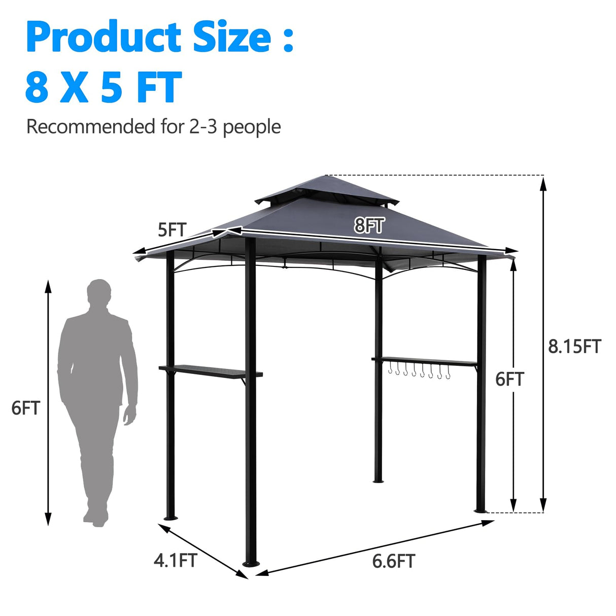 8x5 Grill Gazebo, Outdoor BBQ Grill Patio Canopy with 2 Handy Shelves & LED Lights, Double Roof Barbecue Gazebo Canopy (Gray) HOWSVN