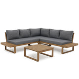 Soleil Jardin 4 Piece Acacia Wood Patio Furniture L-Shaped Outdoor Sectional Sofa Set with Coffee Table, FSC Certified Conversation Set with Built-in Side Table and Grey Cushions for Garden Soleil Jardin