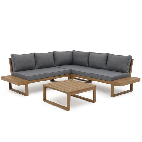 Soleil Jardin 4 Piece Acacia Wood Patio Furniture L-Shaped Outdoor Sectional Sofa Set with Coffee Table, FSC Certified Conversation Set with Built-in Side Table and Grey Cushions for Garden Soleil Jardin