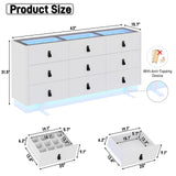 jiteentarou 63 Inch Dresser with Jewelry Drawers & Glass Top, Modern Chest of Drawers with LED Light, Closet Island, Leather Handle, Arc Design, White jiteentarou