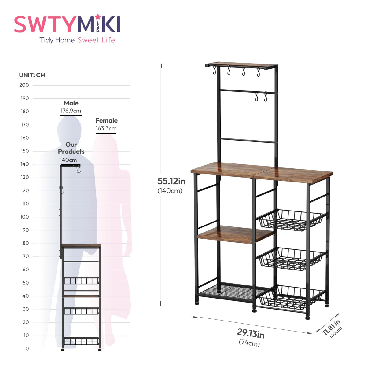 SWTYMIKI Bakers Rack with Storage - Coffee Bar Cabinet with Shelves, Coffee Station Organizer and Kitchen Stand with 8 Hooks, Baskets, Adjustable Feet for Kitchen Dining Room Pantry, Espresso SWTYMIKI