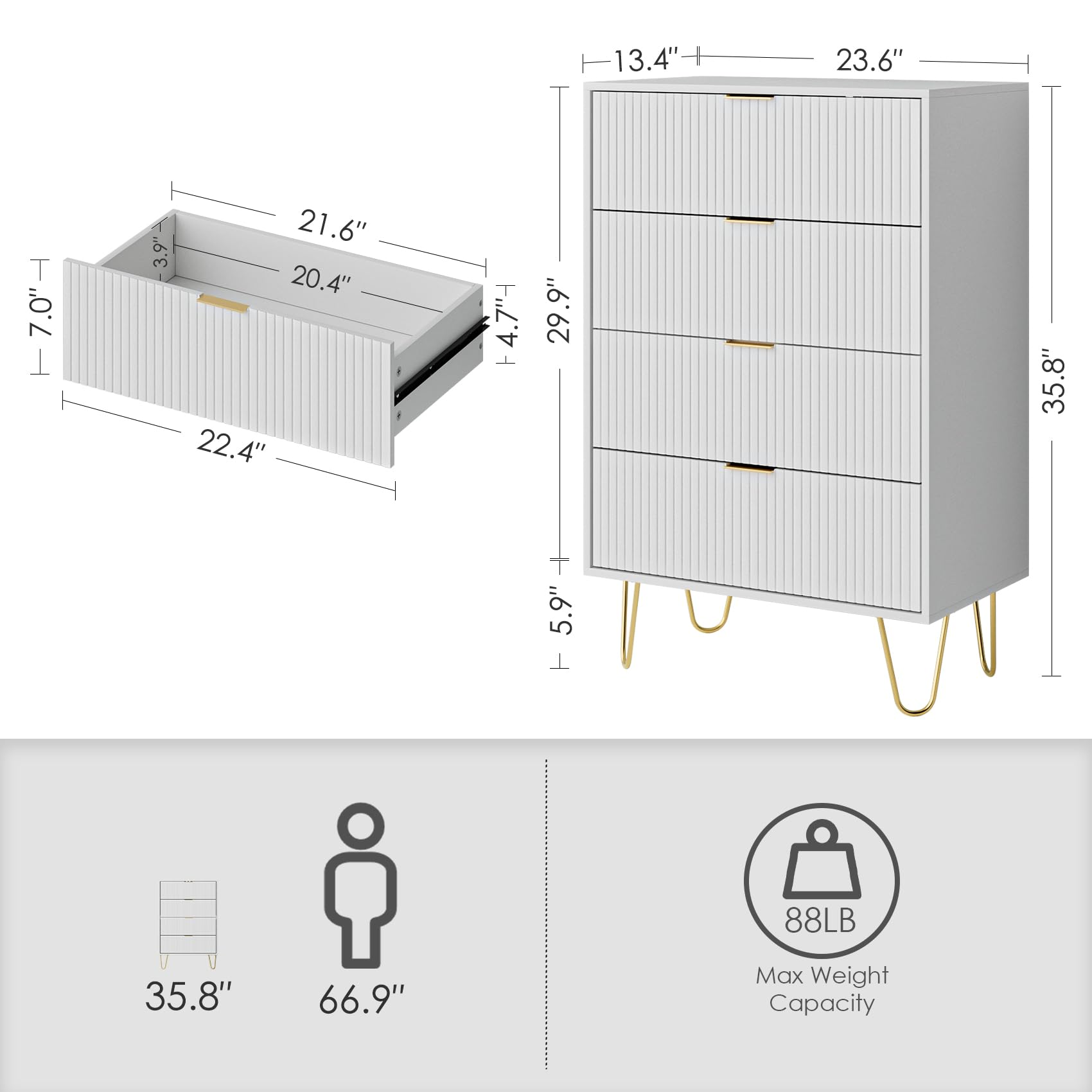 AEPOALUA 4 Drawer Dresser,Drawer Chest,Tall Storage Dresser Cabinet Organizer Unit with Gold Handles,White Dresser for Bedroom,Living Room,Closet,Hallway,Stripe - WoodArtSupply