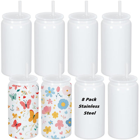 Muwnrol 8 Pack 16 Oz Sublimation Can, Stainless Steel Double Layer Vacuum Insulation Sublimation Cups, Sublimation Beer Can, 16 Oz Sublimation Tumblers (White) Muwnrol