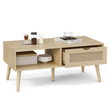 ZttRiee Wood Coffee Table with Storage, Boho Dining Table with Rattan Drawer and Solid Wood Legs, Small Coffee Tables for Living Room, Oak ZttRiee