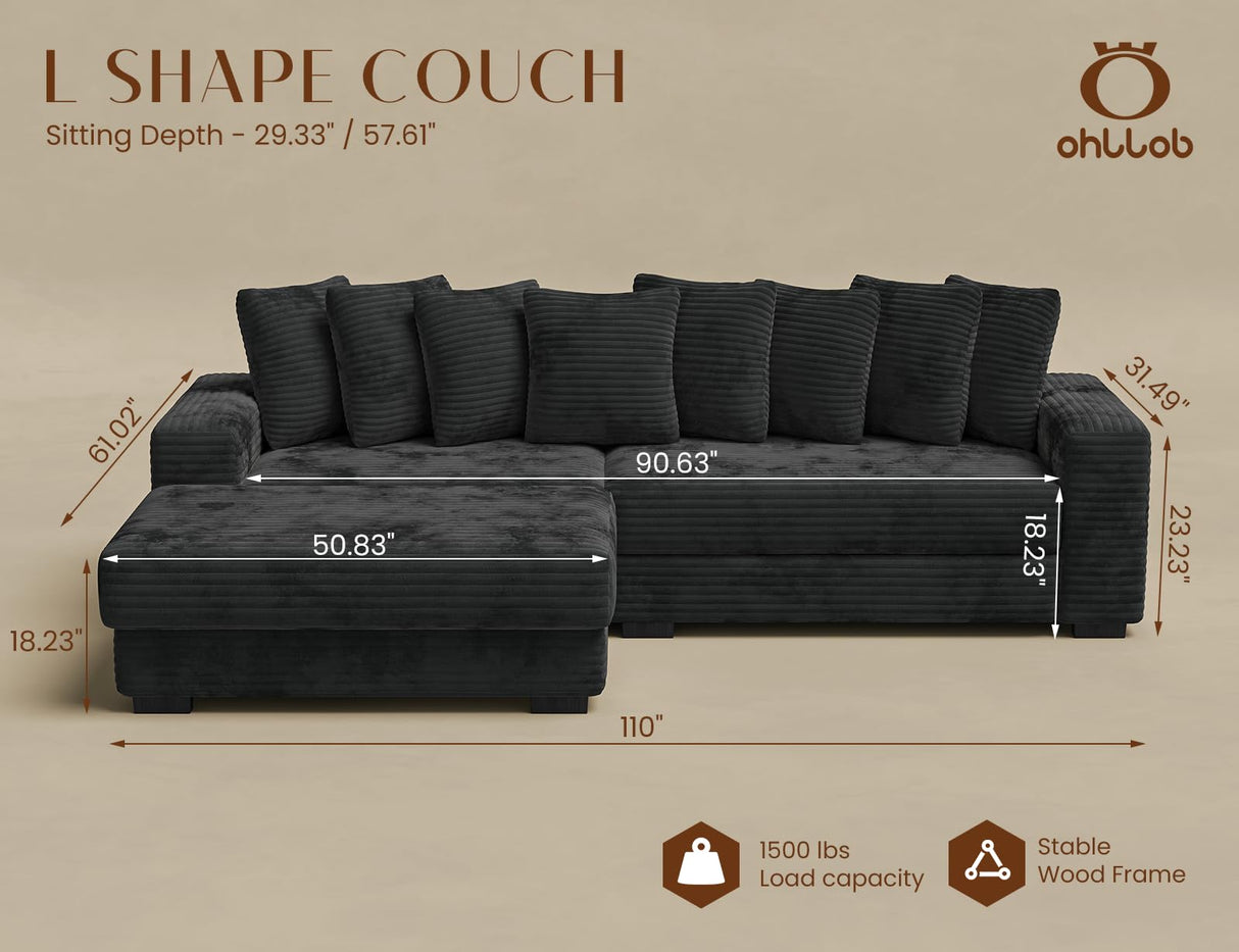 ohllob 110" Modular Sectional Sofa, L Shaped Couch with Chaise Lounge, Fluffy Corduroy Cloud Couch with Deep Seat for Living Room (Black) ohllob