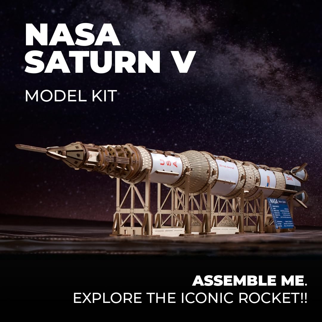 UGEARS NASA Saturn V Model Rocket Kit - Space Ship Model Kits for Adults - 3D Wooden Space Shuttle Building Puzzles - Rocketship Spacecraft 3D Wood Puzzle UGEARS