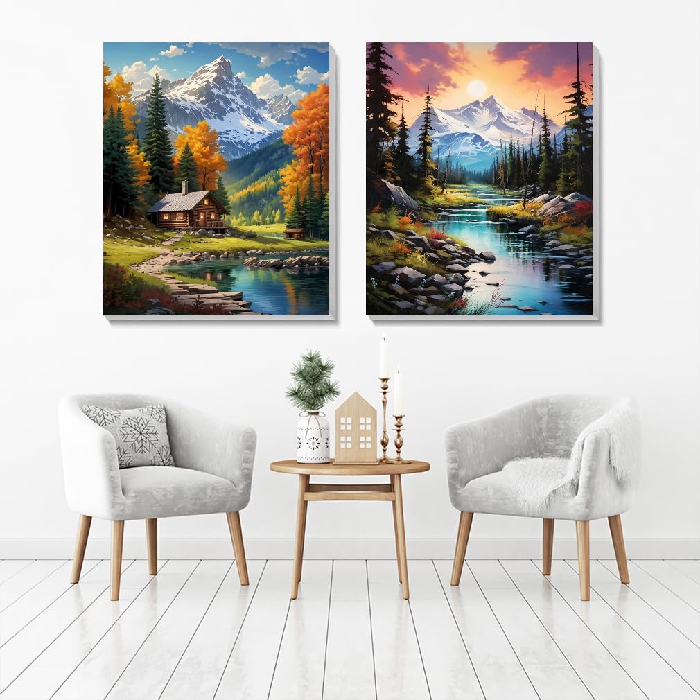 2 Pack Mountain Paint by Numbers Kit for Adults Beginner with Framed,Easy Adult Paint by Number Kits on Canvas DIY Painting for Beginners Art by Numbers for Home Wall Decor 10x12 Inch NEGEKFKX