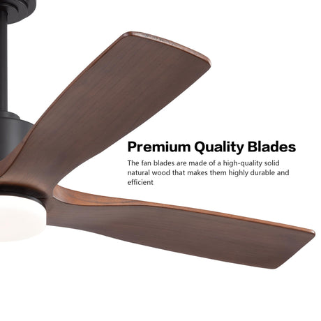WINGBO 48 Inch DC Ceiling Fan with Lights and Remote Control, 4 Carved Solid Wood Blades, 6-Speed Noiseless Reversible DC Motor, Modern Ceiling Fan in Black Finish with Walnut Blades, ETL Listed WINGBO