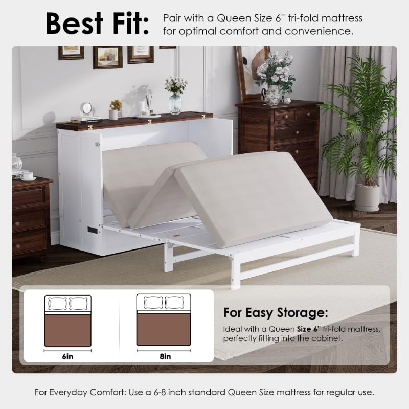 howcool Queen Murphy Bed Cabinet with Charging Station and Large Storage Drawer, Solid Pine Wood Platform Bed Frame, Foldable Cabinet Bed for Home Office, Space Saving Design, White + Walnut howcool