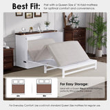 howcool Queen Murphy Bed Cabinet with Charging Station and Large Storage Drawer, Solid Pine Wood Platform Bed Frame, Foldable Cabinet Bed for Home Office, Space Saving Design, White + Walnut howcool