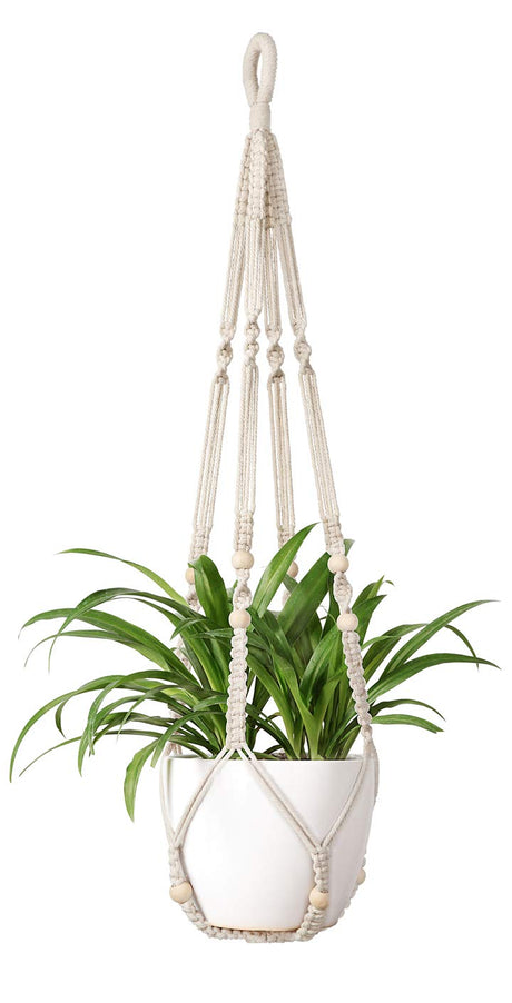 Mkono Macrame Plant Hanger Indoor Hanging Planter Basket with Wood Beads Decorative Flower Pot Holder No Tassels for Indoor Outdoor Boho Home Decor 35 Inch, Ivory, Set of 1 (POTS NOT Included) Mkono