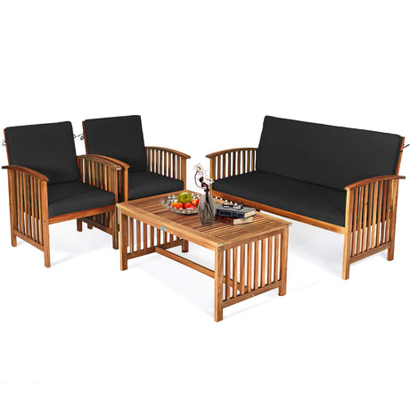 Tangkula Outdoor 4 PCS Acacia Wood Sofa Set w/Water Resistant Cushions, Padded Patio Seating Chat Set w/Coffee Table for Garden, Backyard, Poolside (1, Black) Tangkula