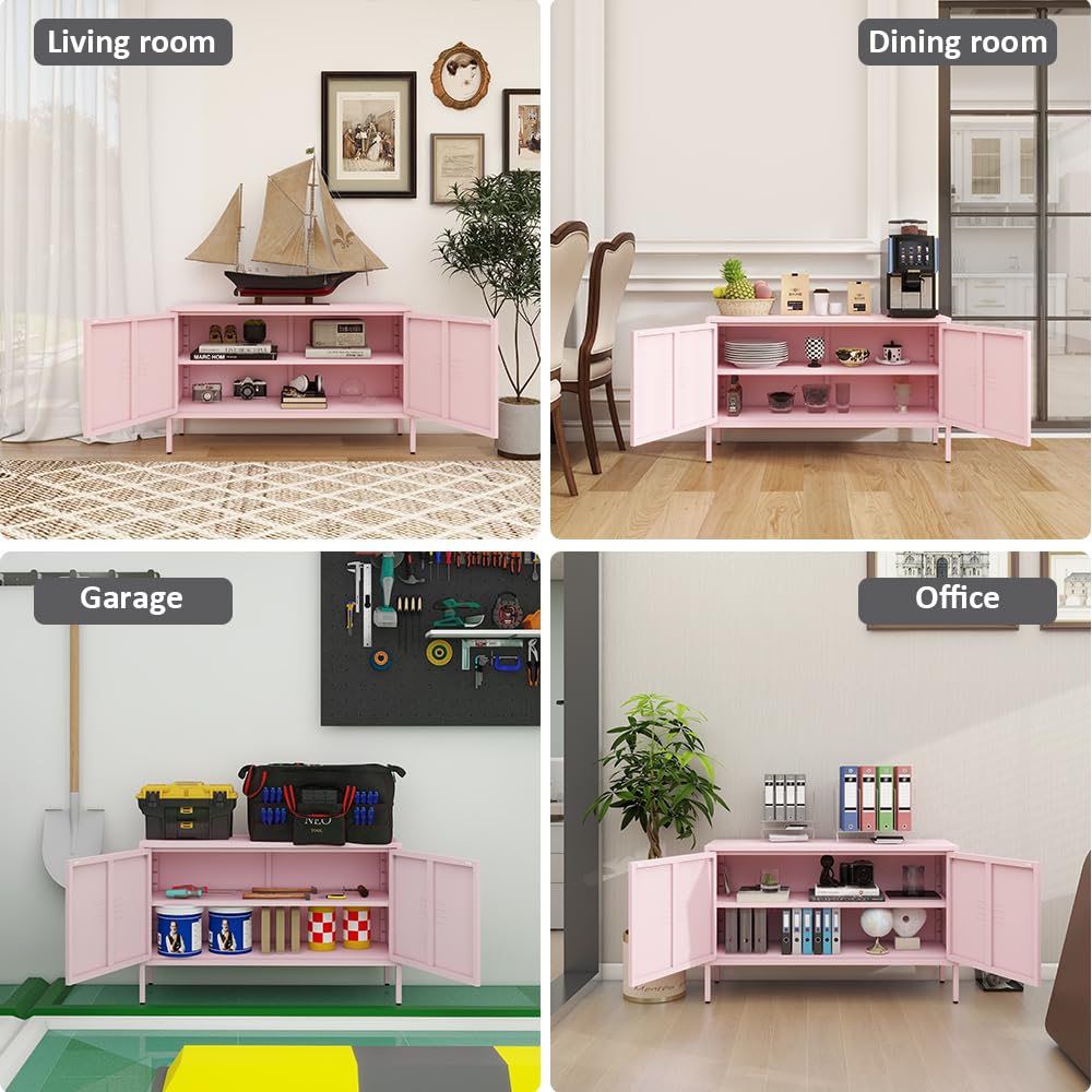 ZHISLUCK 2 Door Metal Accent Storage Cabinet for Bed Room,Living Room,Home,Hotel,Office,2-Tier Steel Storage Cabinet TV Stand (Pink)